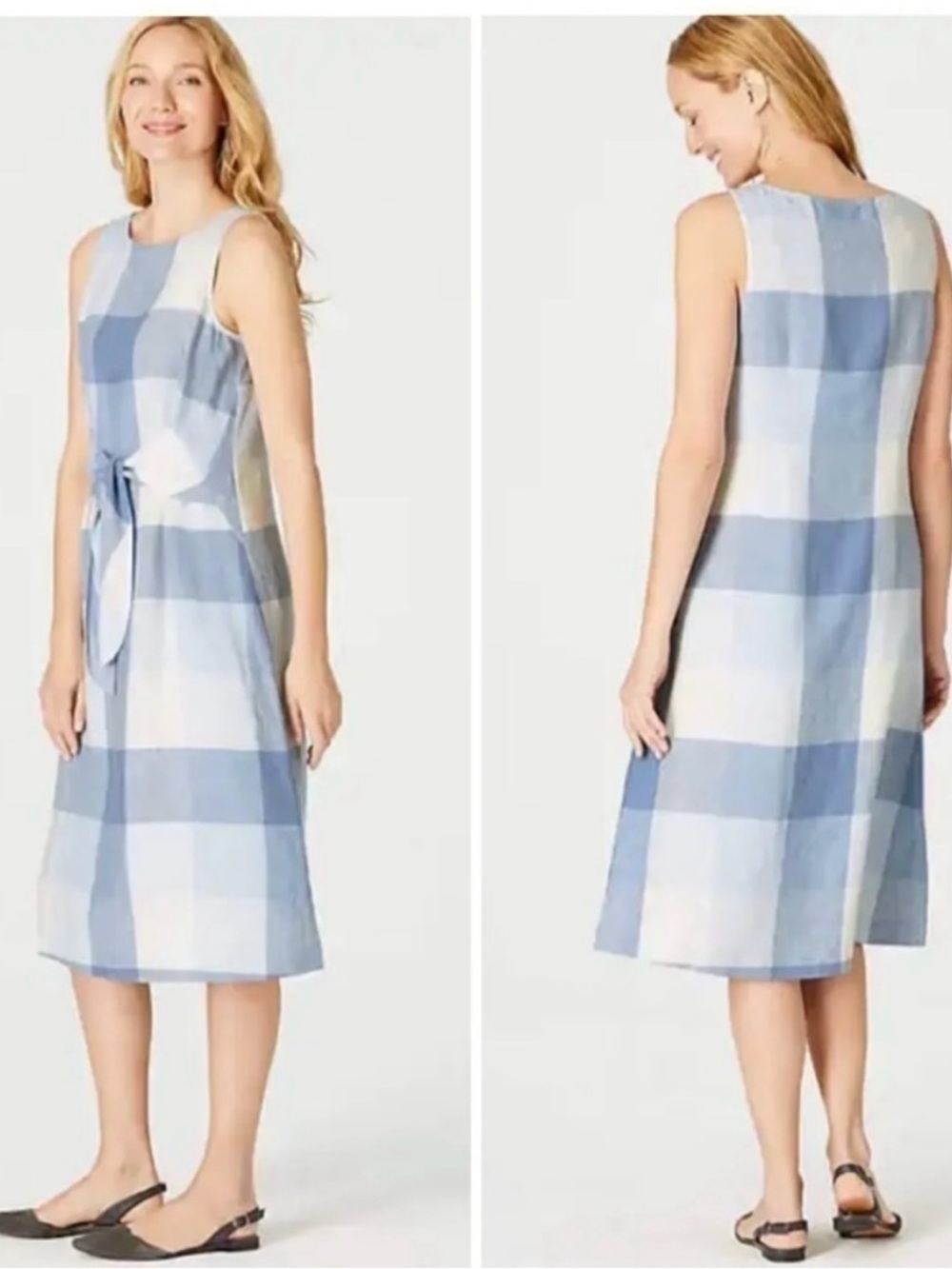 J. Jill Blue and White Gingham 100% Linen Midi Shift Dress- lagenlook